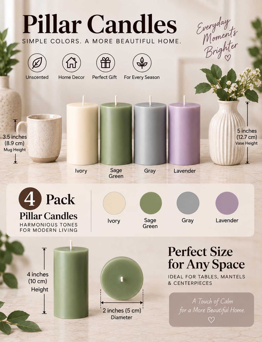 2×4 Inch Morandi Muted Neutral Pillar Candles for Home