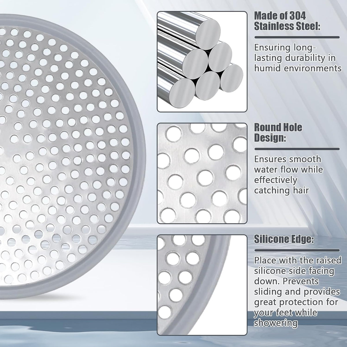 Stainless Steel Shower Drain Hair Catcher/Strainer/Silicone Edges