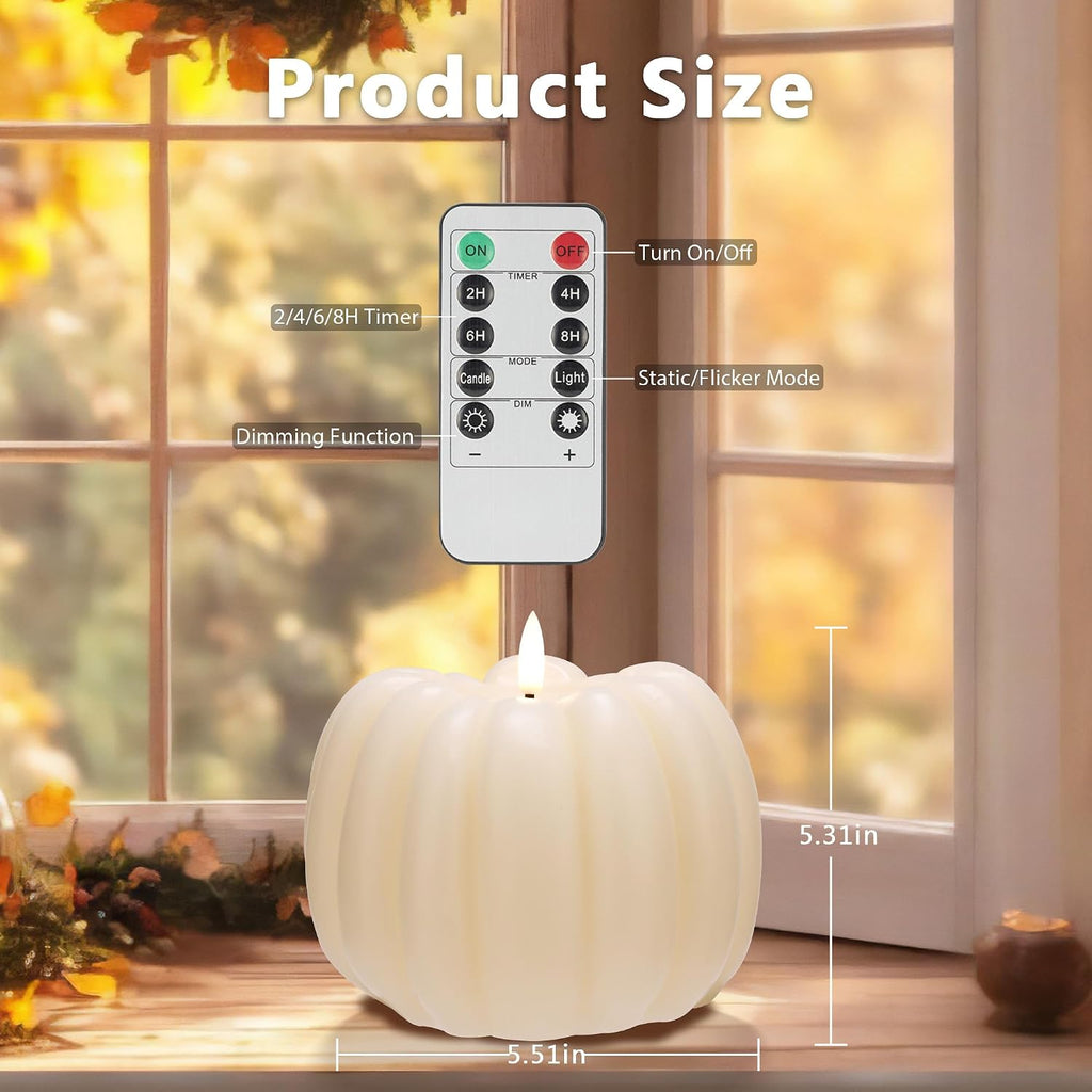 JOIONE Fall Flameless Ivory Pumpkin Candle with Remote, Halloween Decor