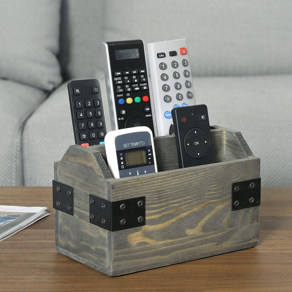 MyGift Remote Control Organizer Caddy, 2-Compartment Gray Wood & Metal