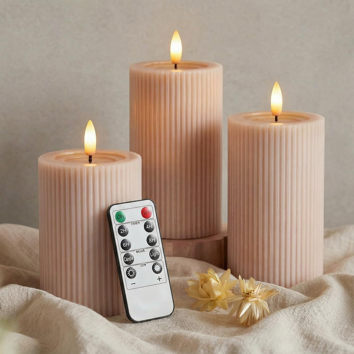 Fluted Ribbed LED Pillar Candles, Blush Beige, with Realistic Reflective Melted-Wax Effect – Flickering Flame, Remote, Dimmable, Flameless, Battery Operated, Home & Wedding Decor (Set of 3)