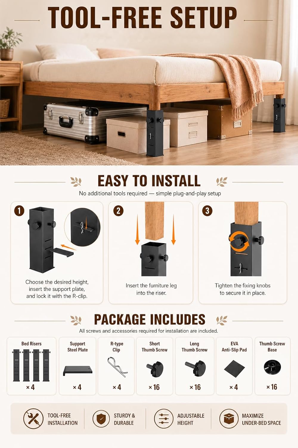 Heavy Duty Dorm Bed Risers Extenders, Fits Bed Legs 1.5" to 2.2" Diameter