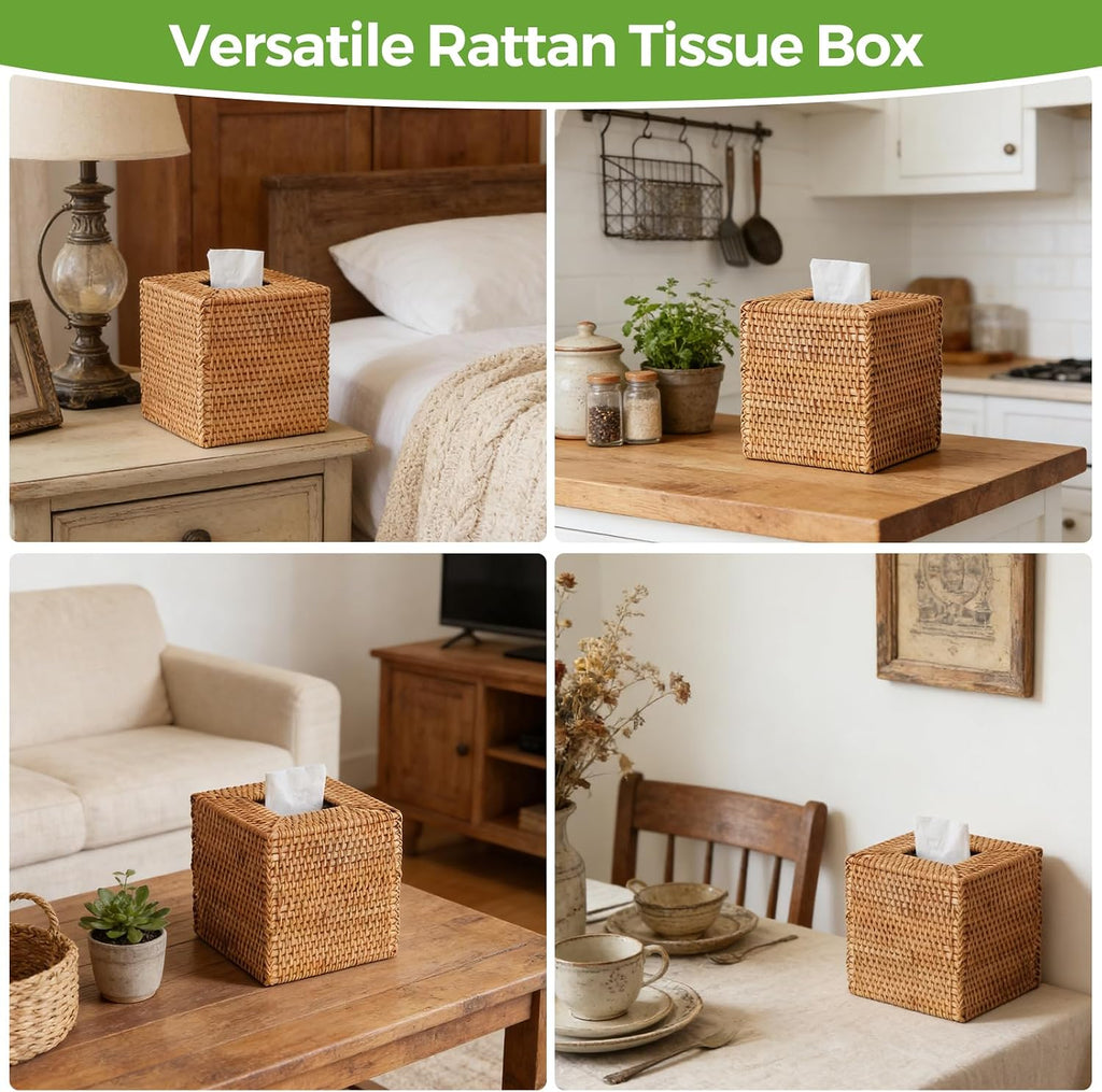 Rattan Tissue Box Cover Square, Handwoven Wicker Facial Tissue Box Holder