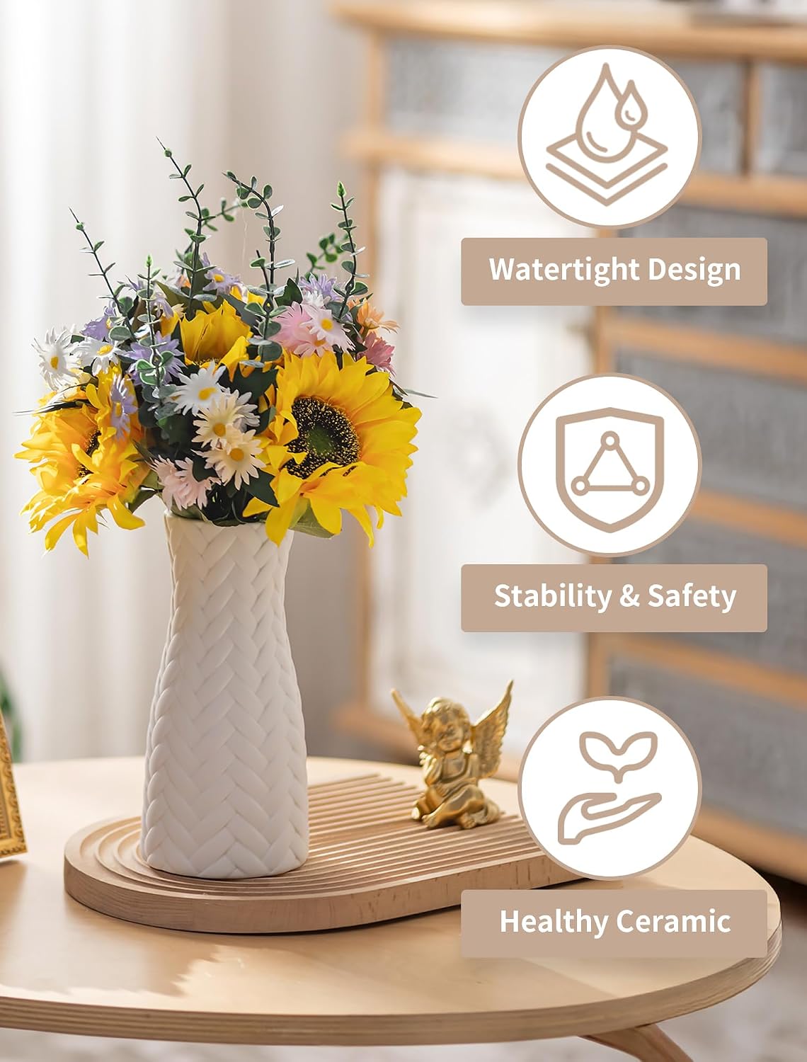 NUPTIO White Ceramic Flower Vase, Woven Texture, 7.9" Tall, Unglazed