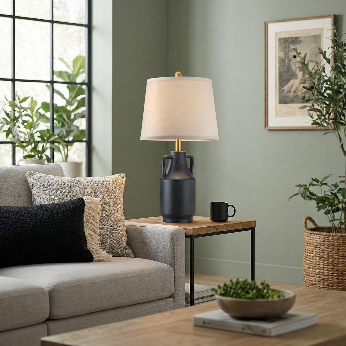 Lovlast 26" Farmhouse Black Ceramic Table Lamp for Bedroom Living Room