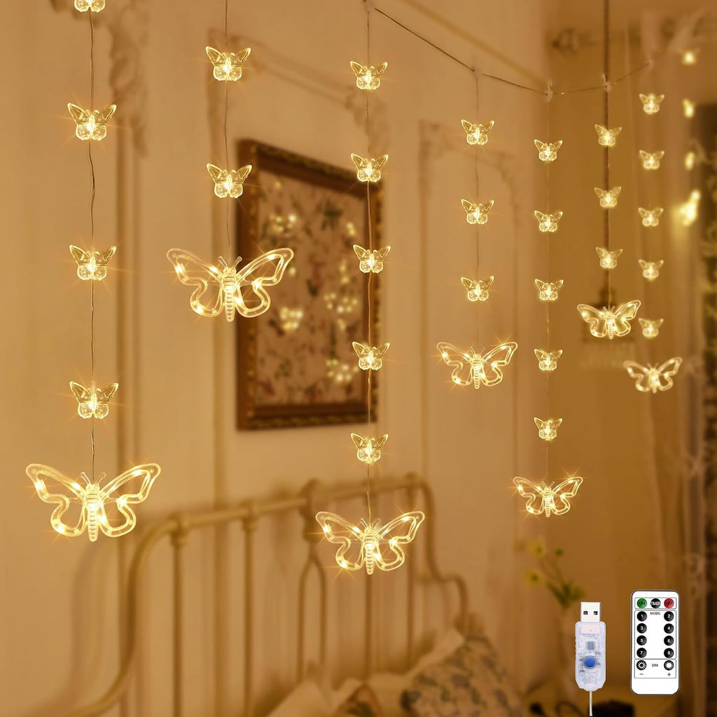 YOLIGHT Butterfly Curtain Lights for Bedroom 9.8ft LED Twinkle Fairy Light with Remote Timer Cute String Lights Wall Décor for Kids Girls Room Bed Canopy Wedding Easter Decoration (Warm White)