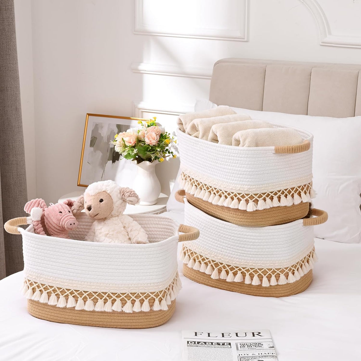 6 Pack Storage Basket for Shelves, Boho Cotton Rope Storage Bins with Heavy Tassel, Shelf Baskets Large Woven Baskets for Organizing, Cube Organizer Bins, Baby Laundry Basket for Clothes, Toys, Pets