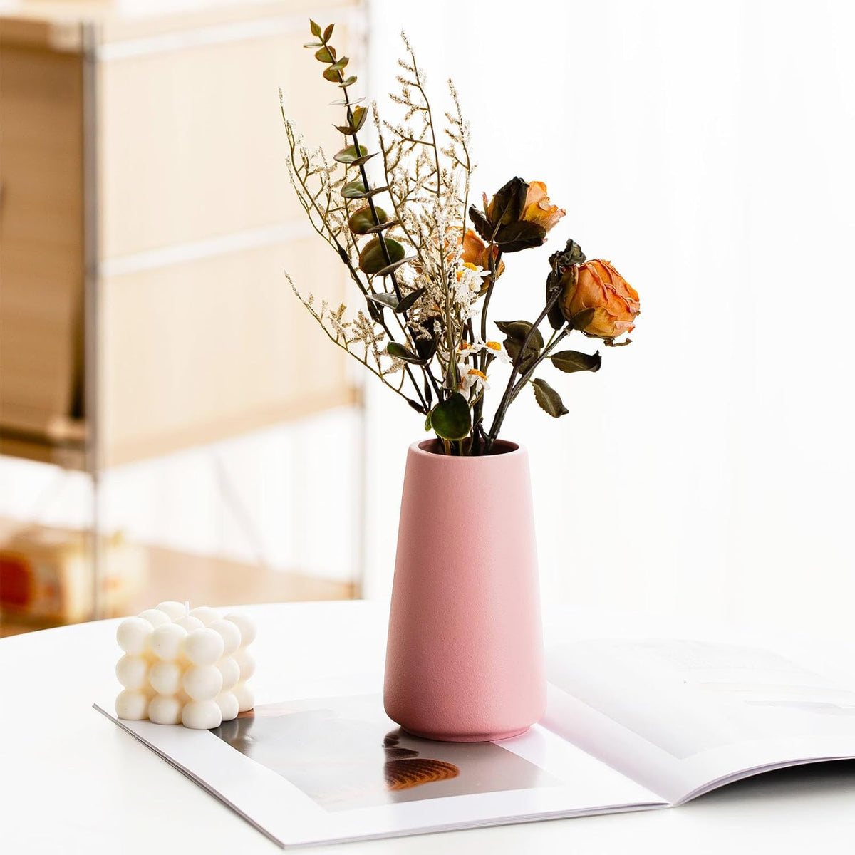 Simple Boho Ceramic Flower Vase for Home Decor (Solid Pink,Small)
