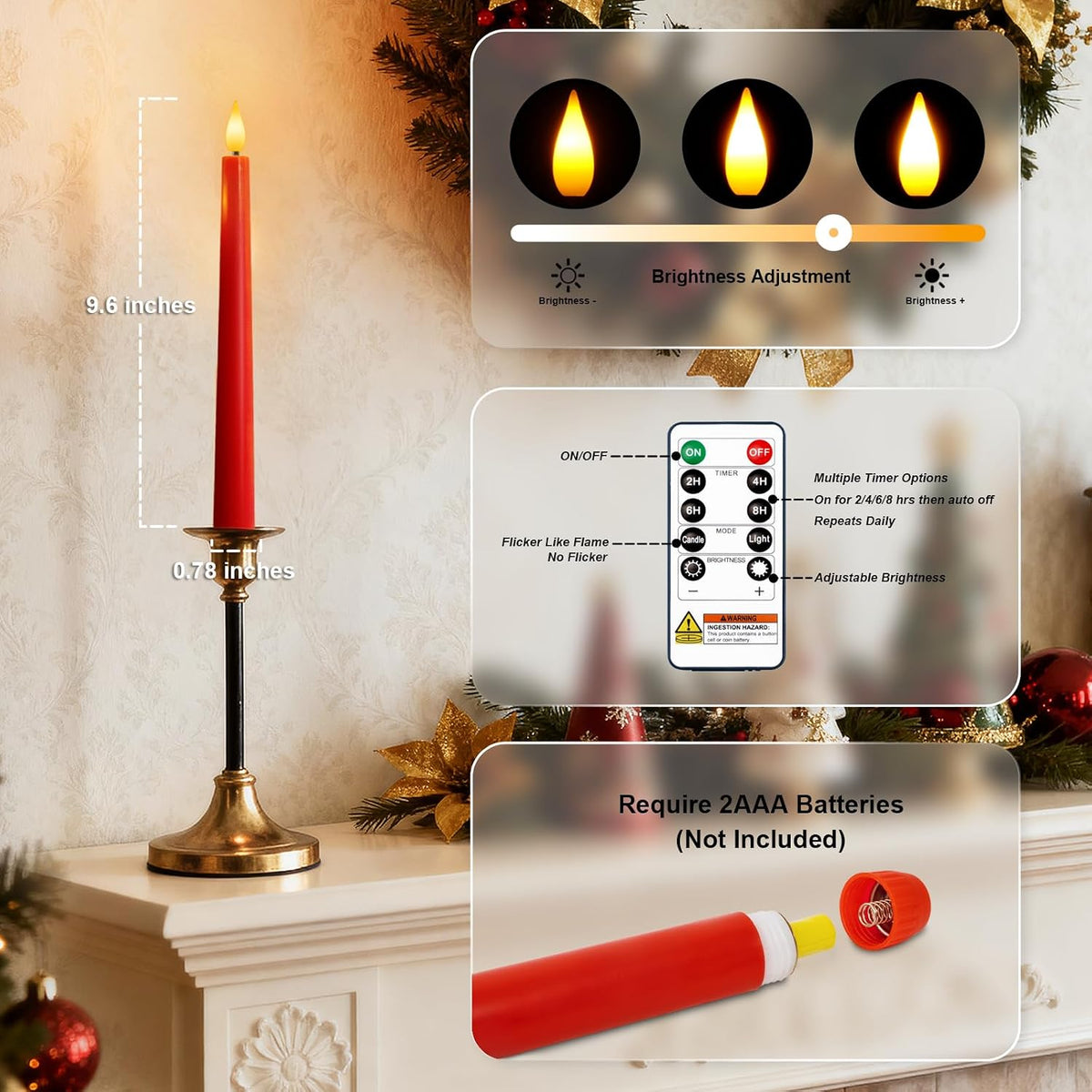 Homemory 12 Pcs Waxy Red Flameless Taper Candles with Remote, Led Flameless Candlesticks Classic Tall Candle, Flickering Battery Operated Taper Candles for Bedroom, Dining Room, 9.6 inches