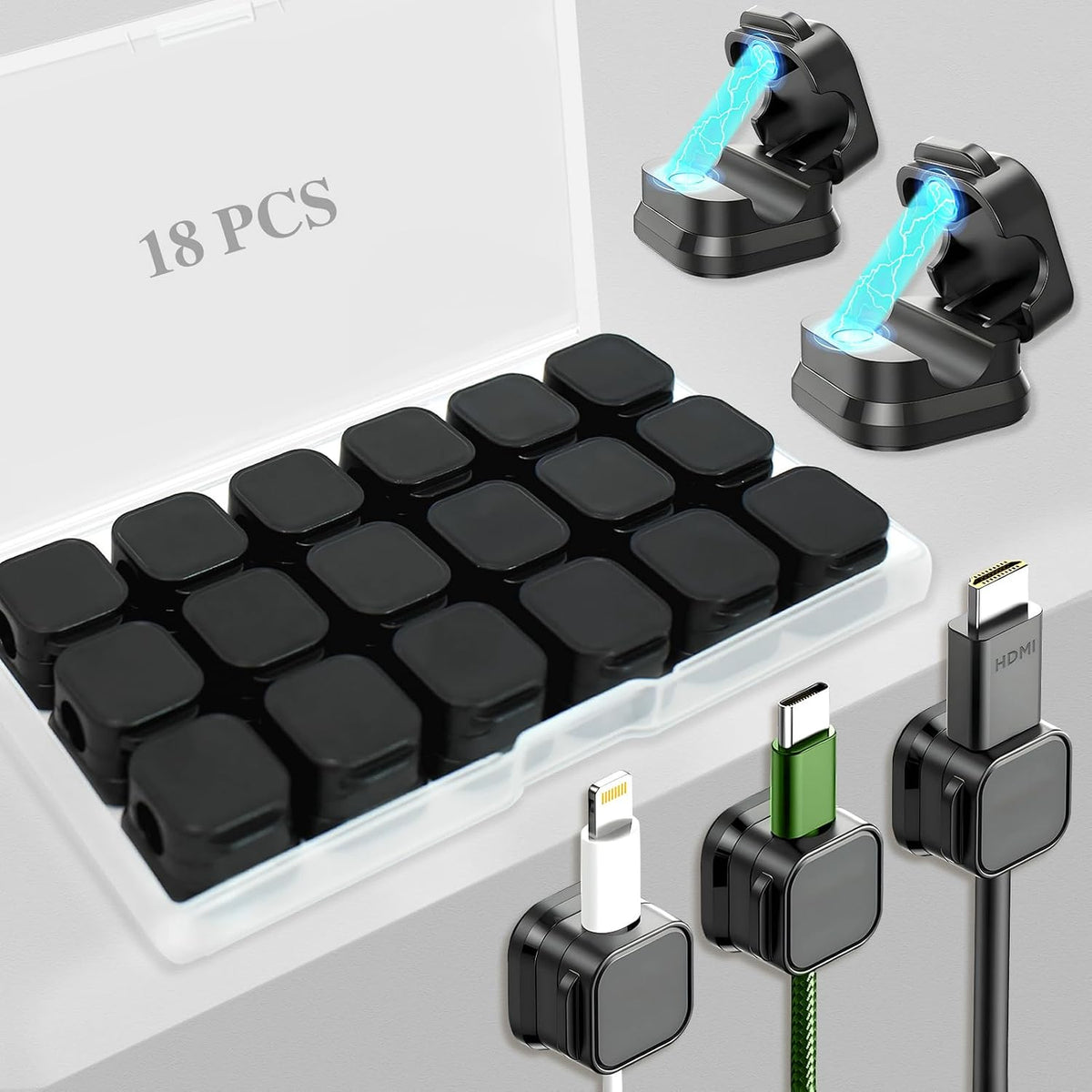 18 Pack Cord Organizer Holder,Magnetic Cable Clips Management, Easy Adhesive Phone USB Charger Cord Keeper, Hide Or Organize Desk Cable for Kitchen, Office, Car, Nightstand （Black）