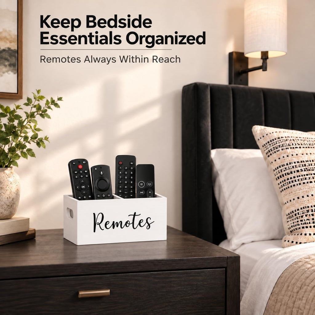Wooden Remote Control Holder, White, 2 Slots