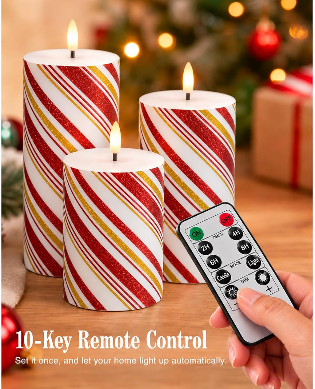 Christmas Flickering Flameless Candles, Red Stripes-Thin Real Wax Flickering Battery Operated Candles for Christmas Holiday Home Decor, Set of 3 (D3 x H4 5" 6")
