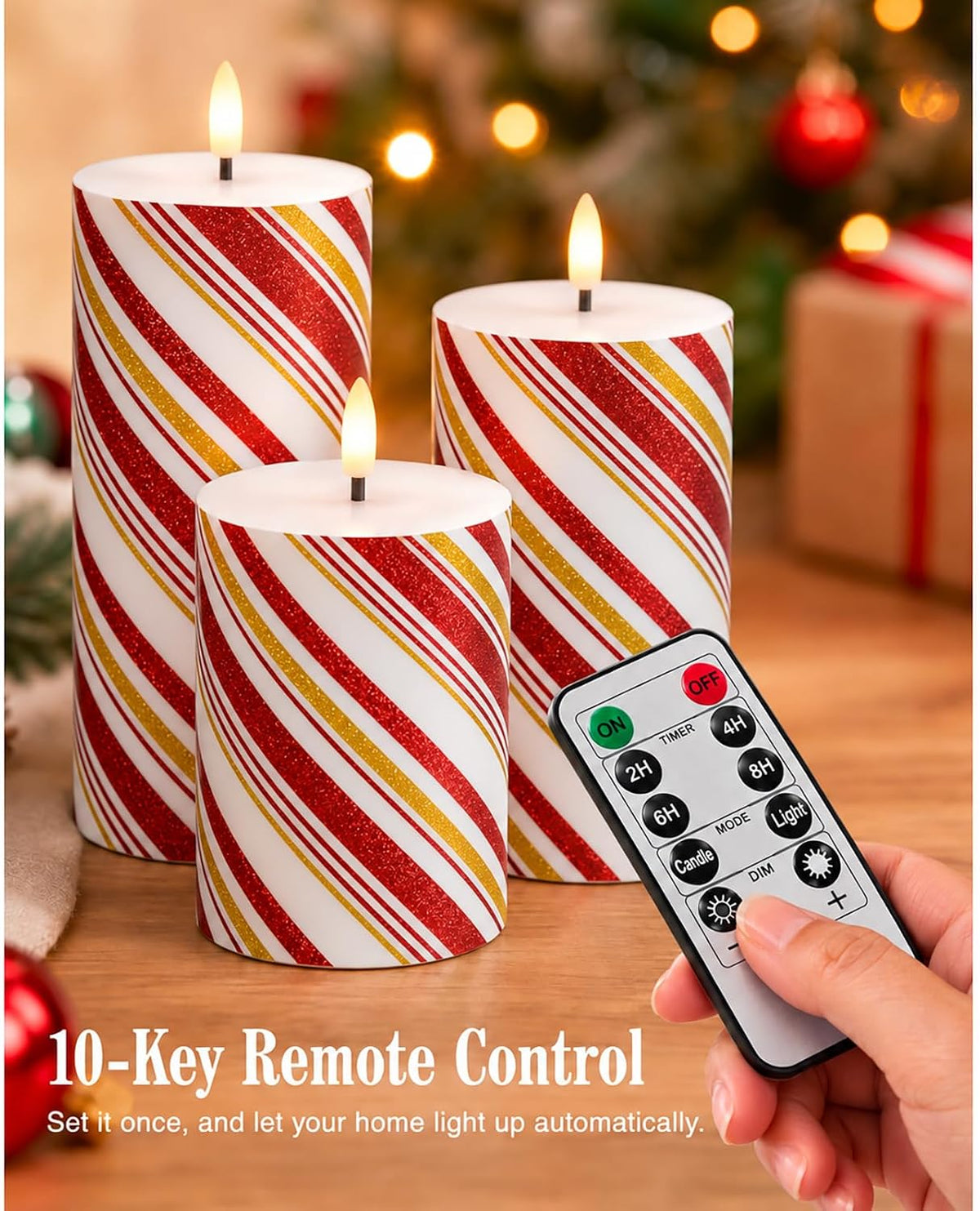 Christmas Flickering Flameless Candles, Red Stripes-Thin Real Wax Flickering Battery Operated Candles for Christmas Holiday Home Decor, Set of 3 (D3 x H4 5" 6")