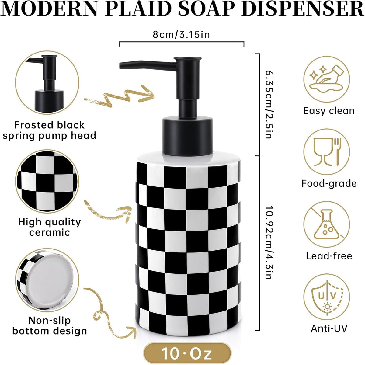 Soap Dispenser with Matte Black Pump, Ceramic Soap Dispenser Bathroom, Checkerboard Dish Soap Lotion Dispenser for Kitchen Sink, Black & White Plaid Refillable Liquid Hand Soap Bottle