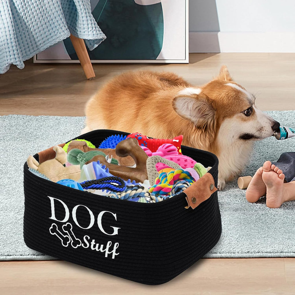 Geyecete Square Dog toy basket storage Cotton Rope Storage Basket Pet/Pet Toy And Accessory Storage Bin Doy Toy Box-Black