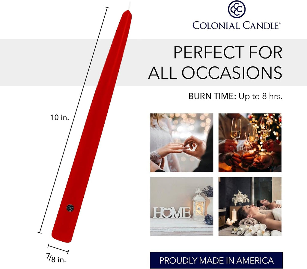 Colonial Candle Valentines Day Candle, Unscented Red Taper Candle, 10 inch, Pack of 2, Up to 8 Hour Burn - Made in The USA