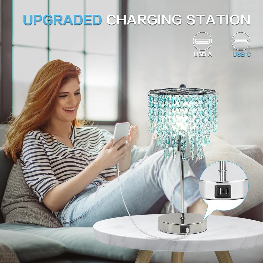 Touch Control Crystal Table Lamp, 3-Way Dimmable Lamp with USB A+C Ports