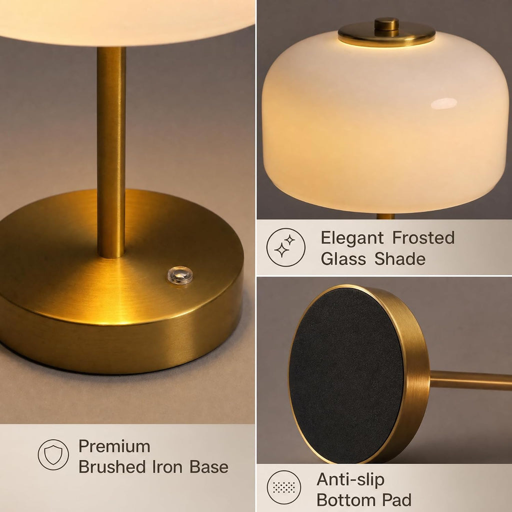 Cordless LED Table Lamp, Rechargeable Battery Operated Mushroom Desk Lamp, 3-Level Touch Dimming, Portable Metal & Glass Nightlight for Bedroom, Living Room, Restaurant, Gold