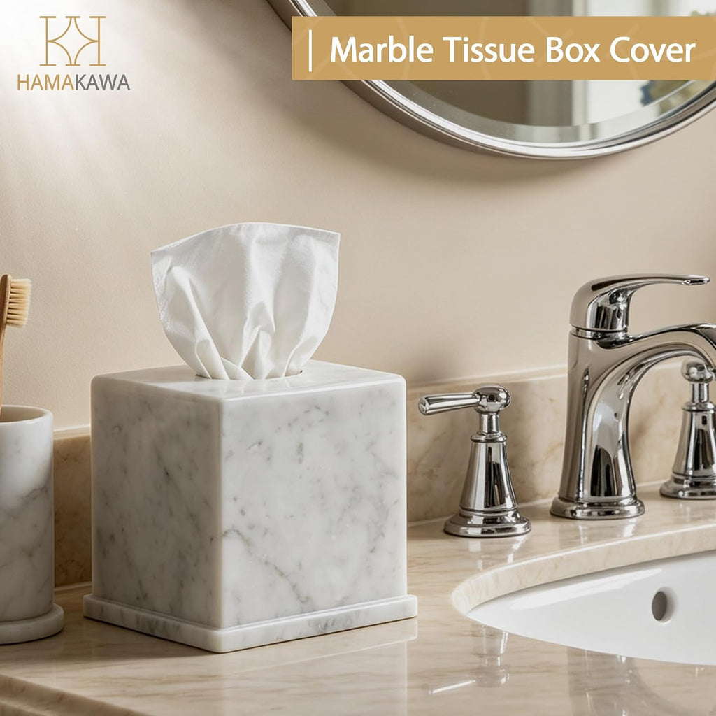 Natural Marble Tissue Box Cover, Carrara White Tissue Organizer