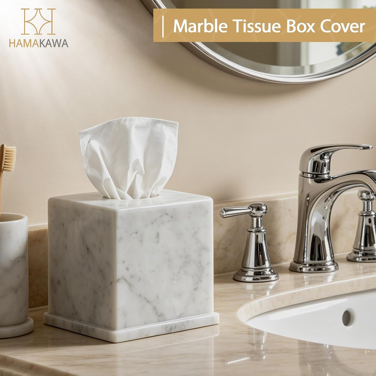 Natural Marble Tissue Box Cover, Carrara White Tissue Organizer