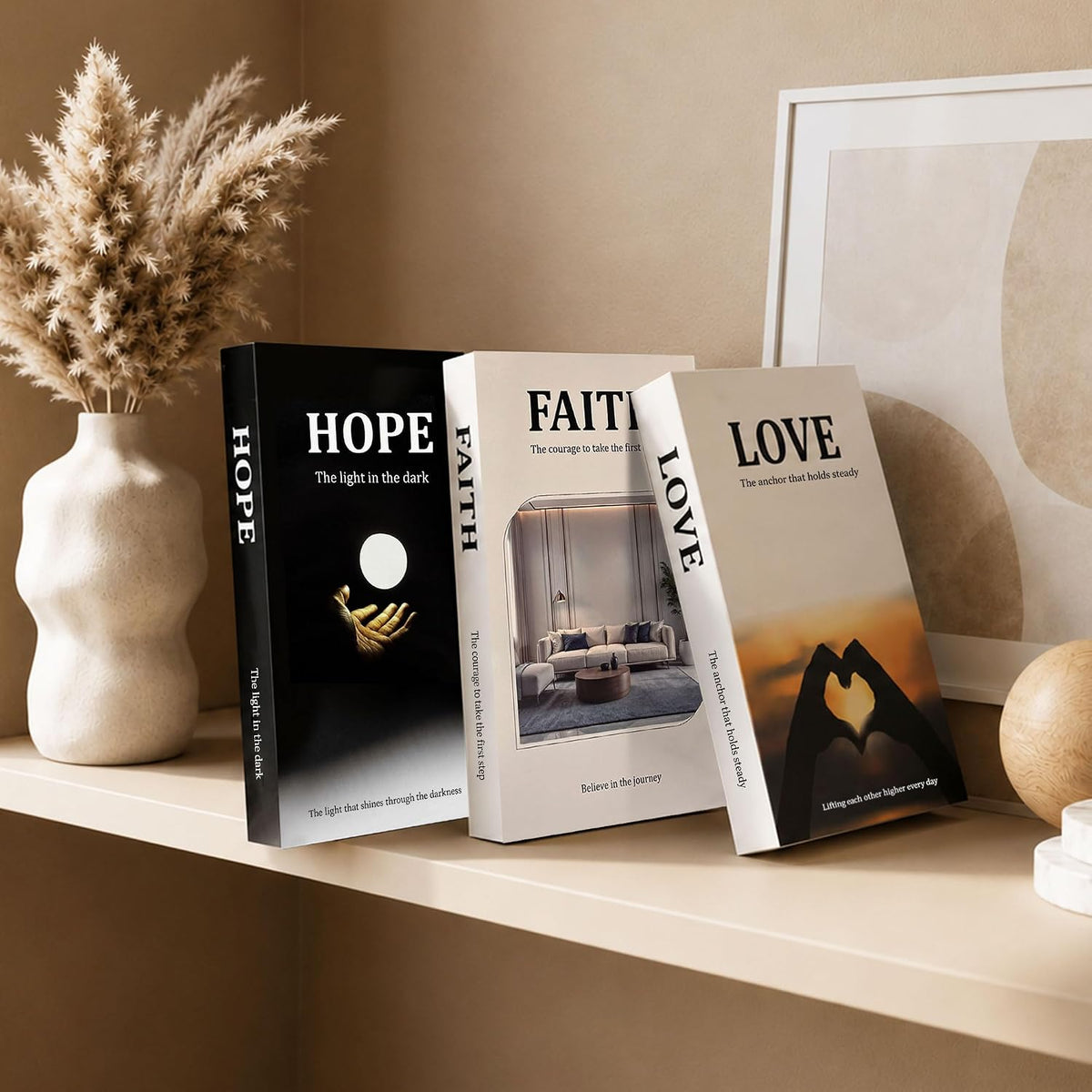 Decorative Faux Books for Home Decor, Fake Books Set of 3, Faith, Love & Hope Themed, Coffee Table, Shelf, Mantle Display