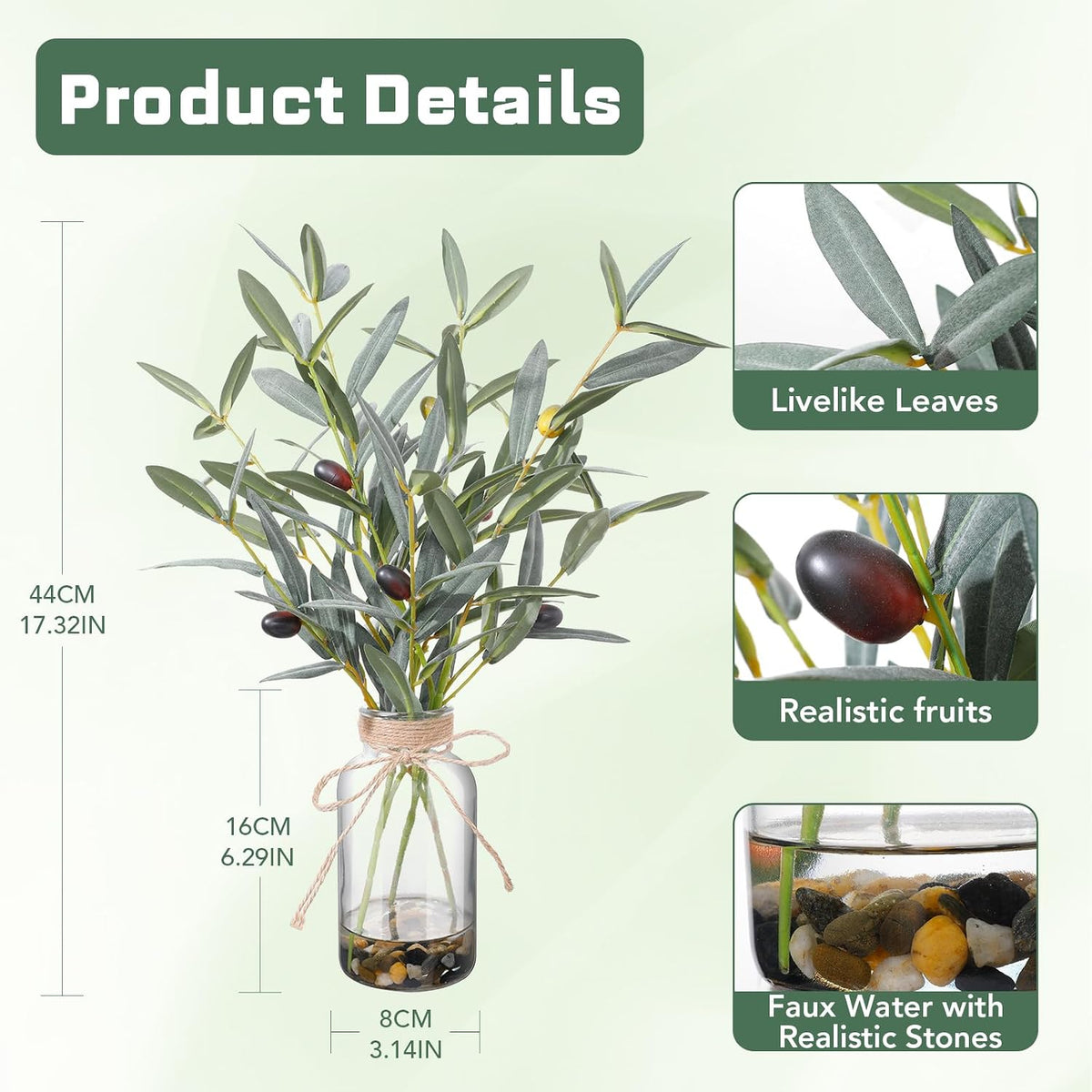 Artificial Olive Branches in Glass Vase, 15.74-in Faux Greenery