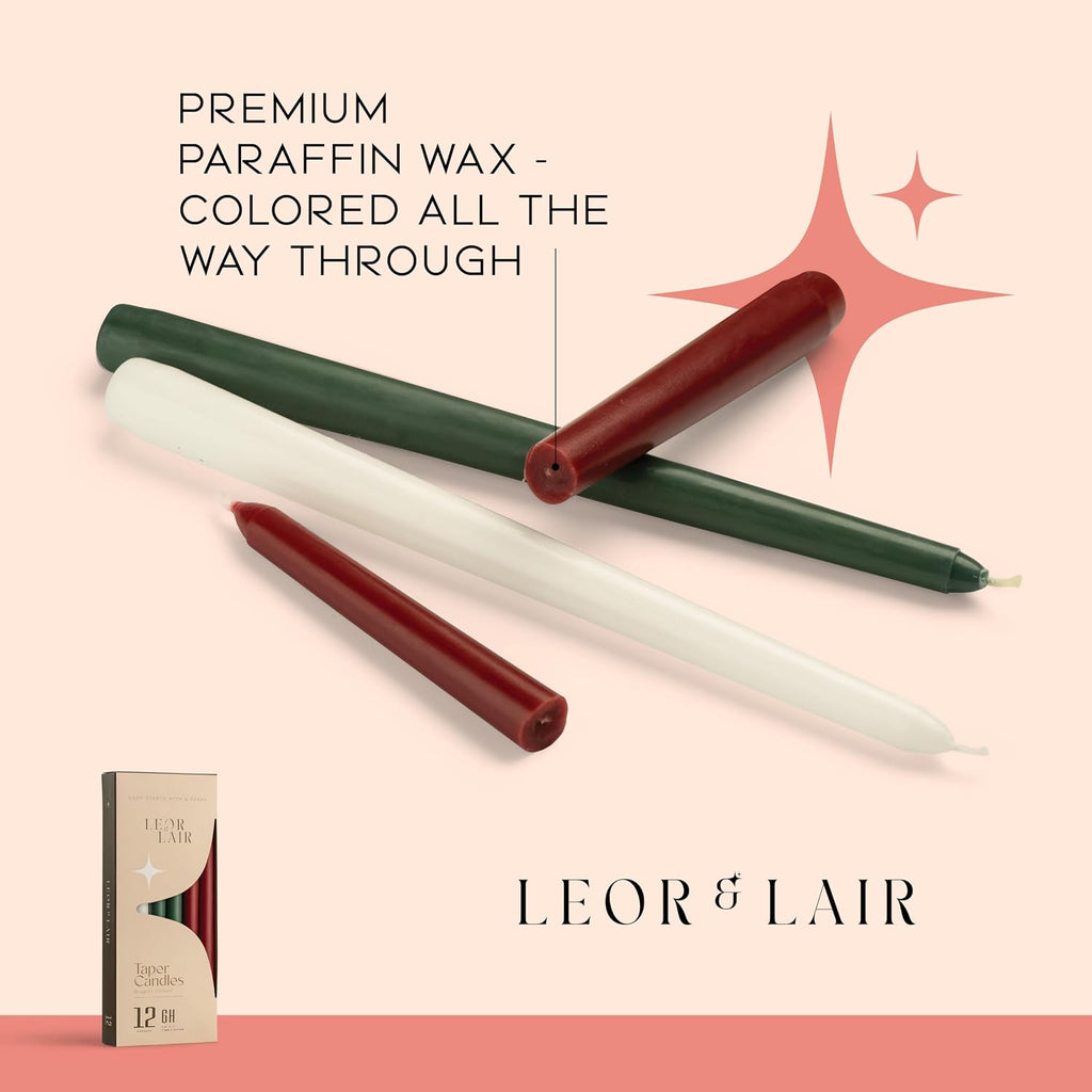 Leor & Lair 10” Christmas Taper Candles, 12 Pack, Red, Green & White