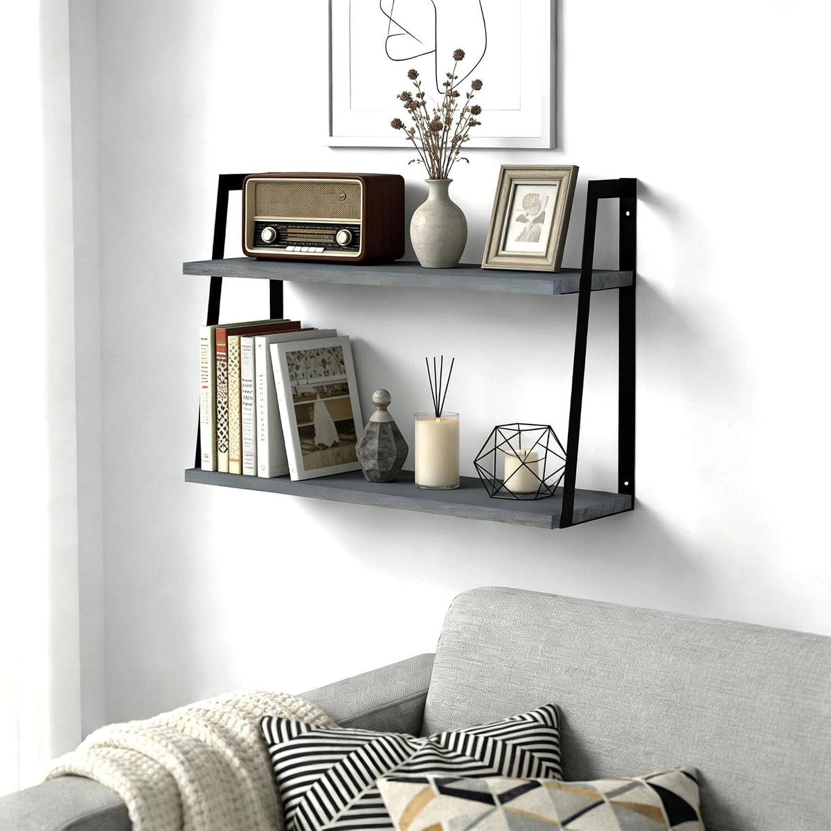 SRIWATANA Gray 2-Tier Floating Shelves, Wood Wall Storage Shelf Unit