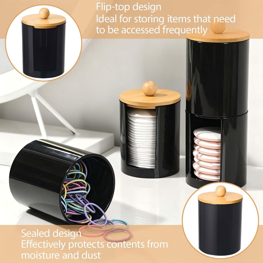 Qtip Holder Bathroom Set, 3Pcs Qtip Cotton Ball Organizers and Storage with Removable Dustproof Lid, Black Bathroom Container Set for Floss Picks, Cotton Swabs, Balls, Pads, q-Tip Holder