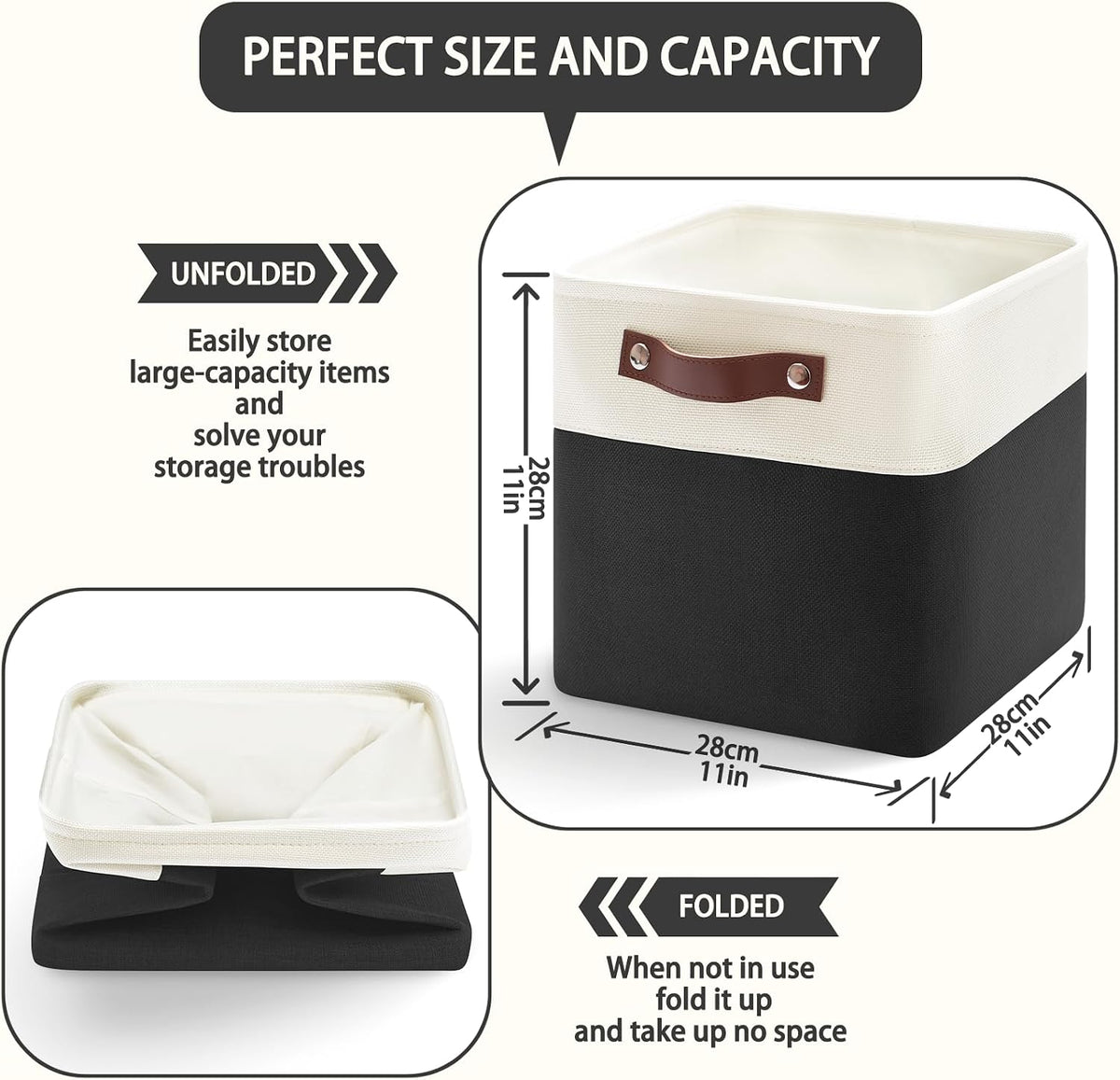 Patvingot Fabric Storage Cubes 11", 4 Pack, with PU Pull Handles,Foldable