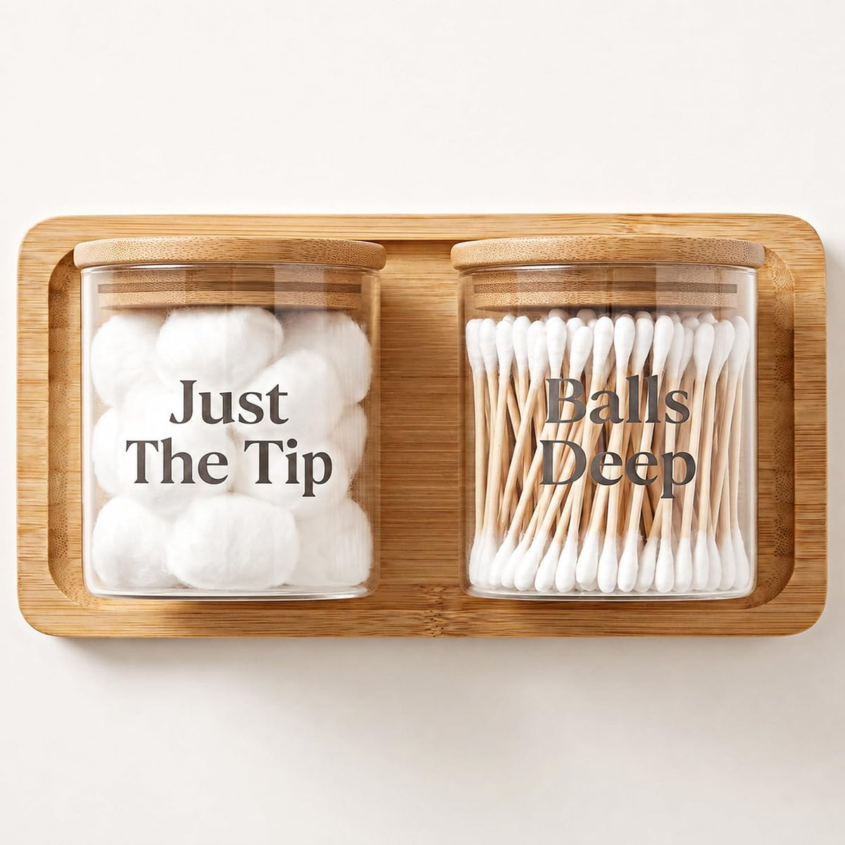 Glass Qtip Holder with Vanity Tray, Bathroom Tray Organizer Glass Qtip Holder, Cotton Round-Holder Glass-Apothecary Jars with Lids for Cotton Ball Round Swab Pad Hair Ties Floss Perfume Jewelry
