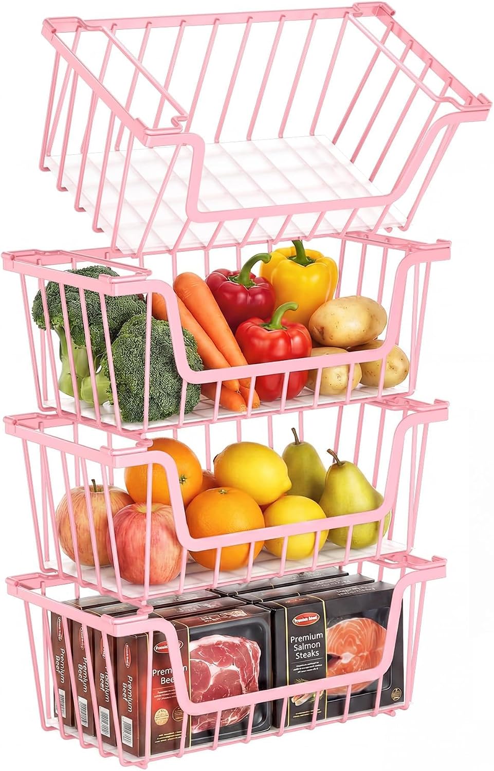 SUNALLY Stackable Storage Bins 4 Pcs Wire Baskets Freezer Organizer, Pink