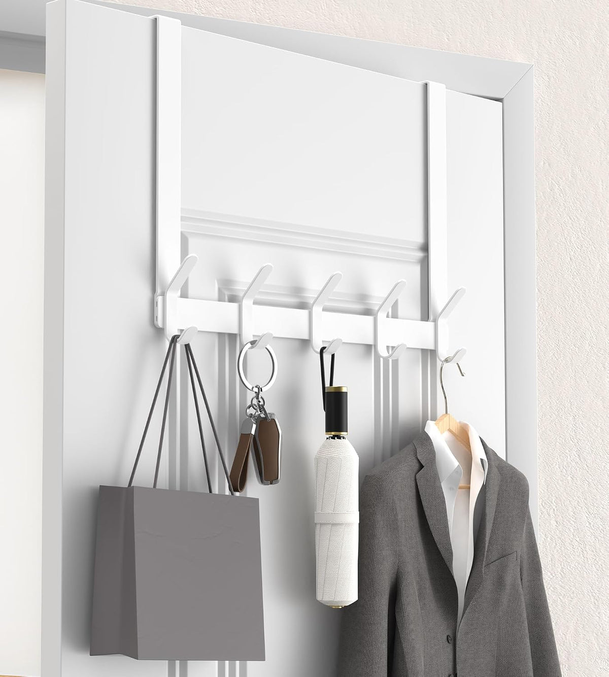 KitchLife Long Over The Door Hooks Hanger with 15.75 inches Extended Arms, Fit 1-3/8" Doors, J40U, Thickened Bathroom Towel Rack Organization, 1 Pack, Glossy White