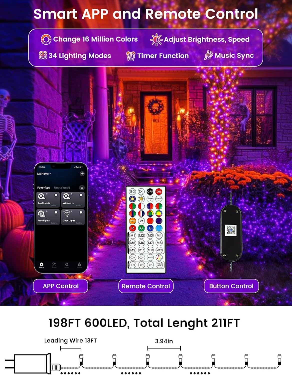 Smart Color Changing Halloween Lights String 211FT 600 LED APP and Remote