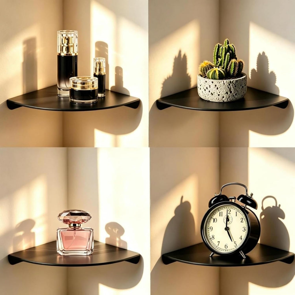 Small Tiny Metal Floating Corner Shelves, 7 x 7 x 0.6 Inches，2pcs, Black