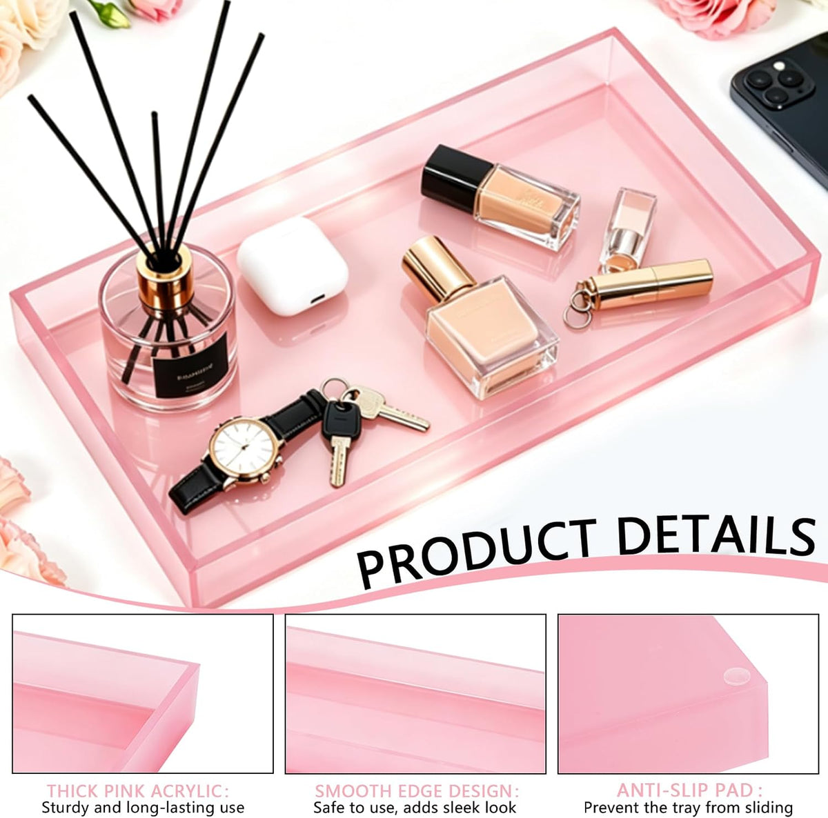 Pink Acrylic Tray 5mm Thicken for Vanity Makeup, Perfume, Jewelry Holder, Napkin, 12''x6'' Decorative Serving Tray for Bathroom, Toilet Tank, Sink Countertop, Dresser, Coffee Table