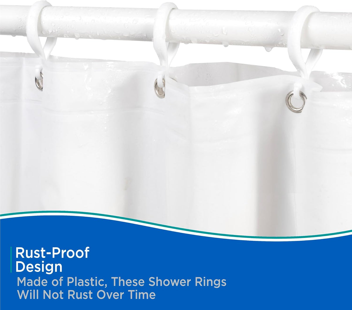 Kenney - Shower Curtain Rings, Rust-Proof Plastic Double Hooks with Smooth Glide Design, Fits Standard Shower Curtain Rods, Easy Installation, White, 12 Pack