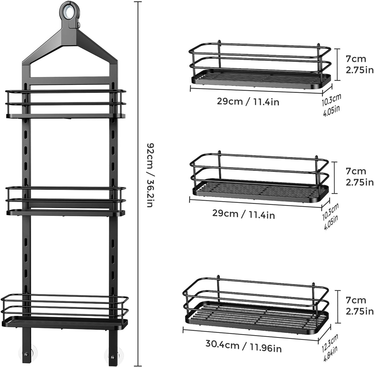 ODesign 3 Tier Adjustable Shower Caddy Hanging Over Head Anti-Swing Black