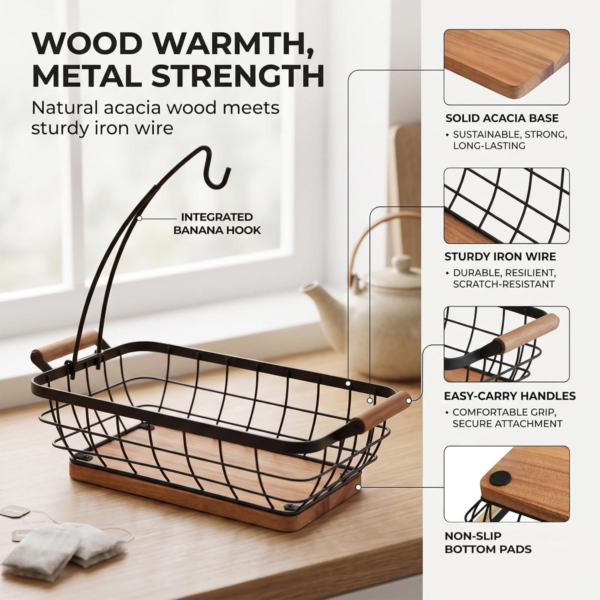 WILDMOS Rectangular Fruit Basket with Banana Hanger,Metal Wire Fruits Bowl with Wooden Base,Kitchen Table Organizer,Black Fruit Bowl for Kitchen Counter,Vegetable Bowls for Fruits, Veggies, Snacks.