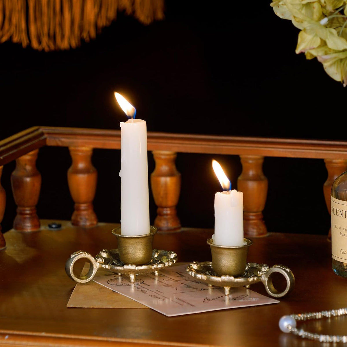 NIKKY HOME Vintage Gold Taper Candle Holders Set of 2, Handle & Drip Tray