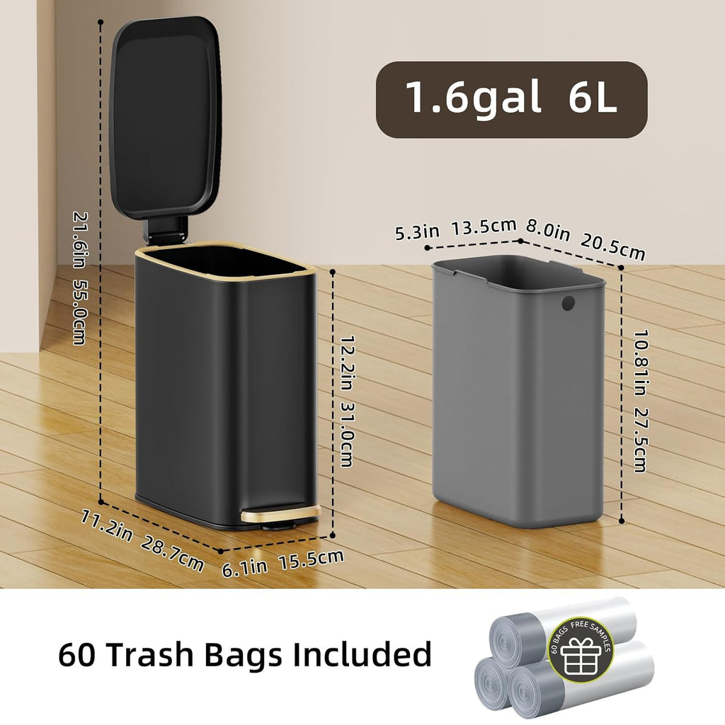 KSSKSS Small Bathroom Trash Can with Lid Soft Close, Step Pedal, 6L / 1.6 Gal Stainless Steel Garbage Bin with Removable Inner Bucket, Slim Wastebasket for Narrow Spaces (Black)