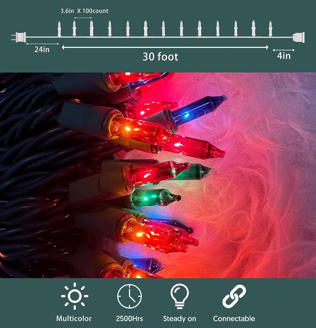 HISHINY Christmas Lights 100 Count Multicolor Christmas Tree String Lights with Green Wire for Outdoor Indoor Christmas Decorations Wedding Decorations Valentines Day Decor,UL Certified (32feet)