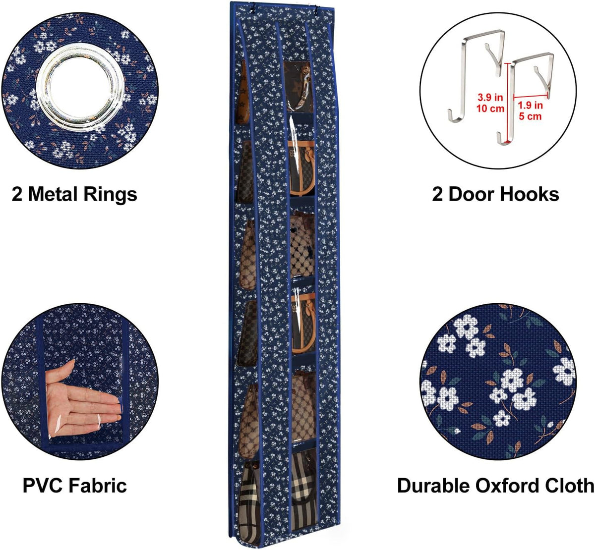 Lirex Over the Door Purse Organizer, Space-Saving Medium and Large Handbag Storage Organizer Clothing Closet Hanger, Blue White Floral