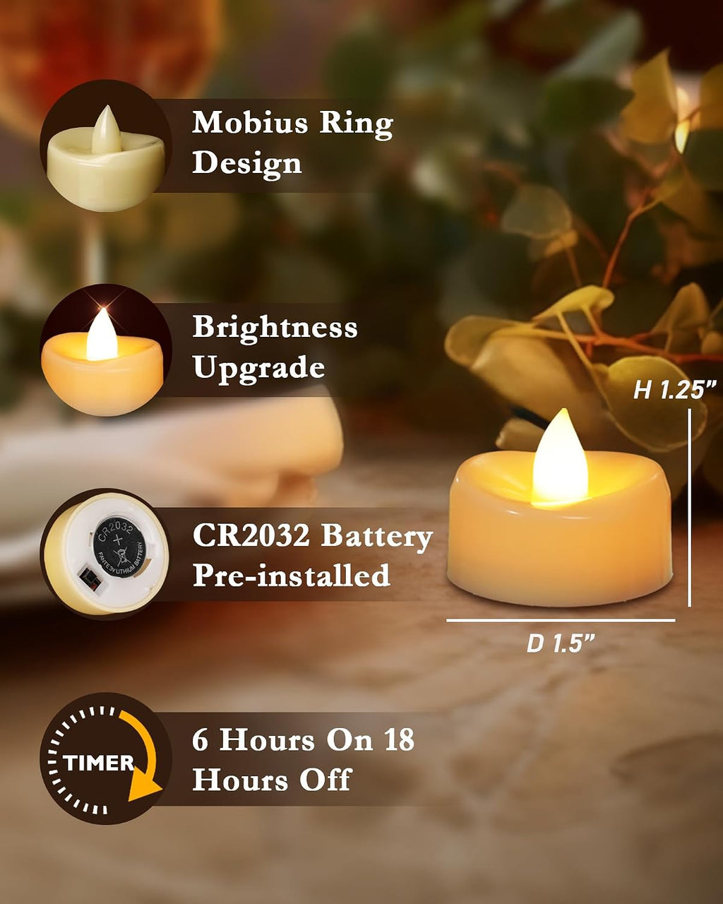 merrynights 24Pack Flameless Tealight Candles with Timer,6H Timer Built-in