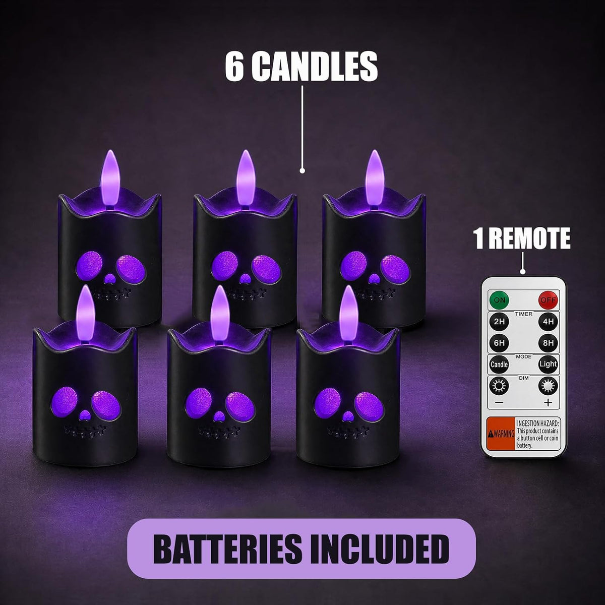 Black Halloween Flameless Votive Candles with Remote, Purple Glow, 6 Pack