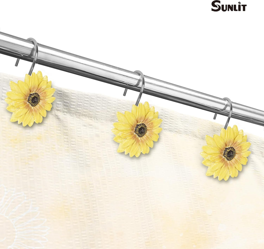 Sunlit Yellow Sunflower Shower Curtain Hooks, Home Decorative Shower Curtain Rings for Bathroom, Resin, Summer Floral Shower Curtain Hanger Hooks for Living Room, Set of 12