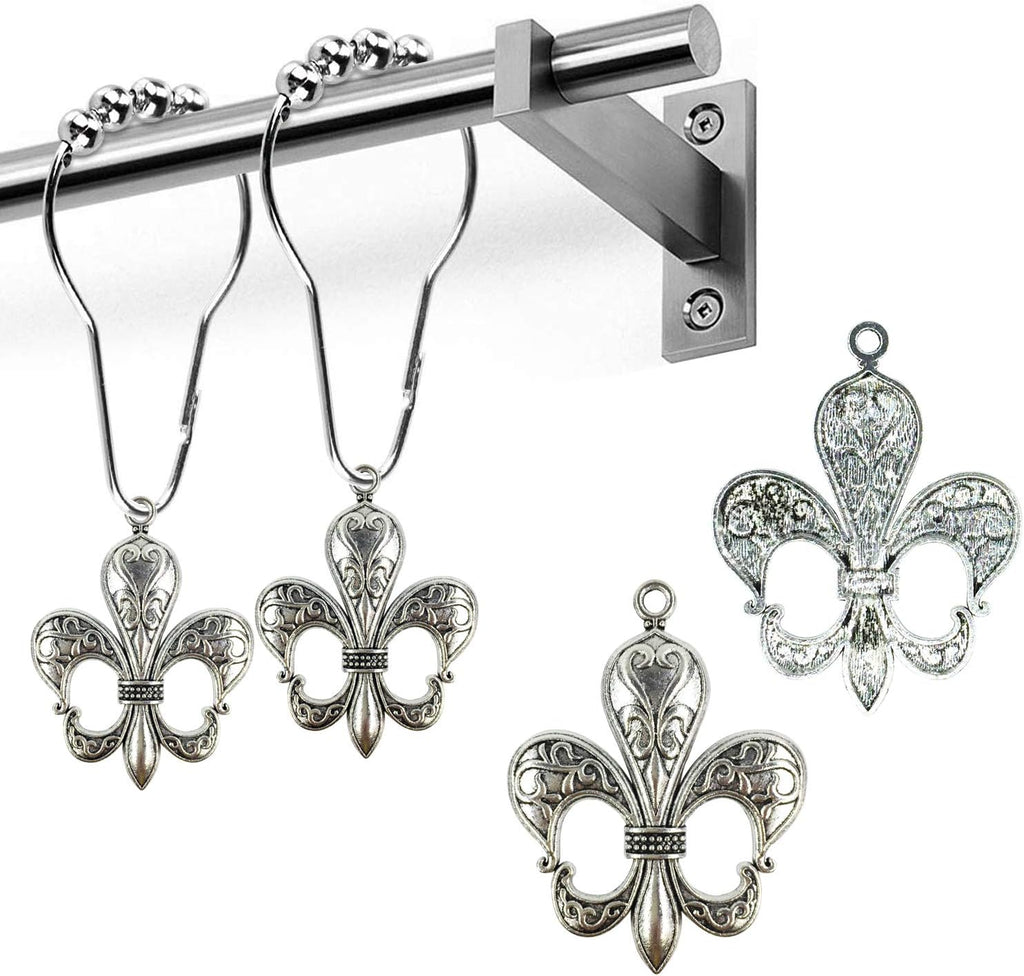 Set of 12 Fleur De Lis Shower Curtain Hooks French Lily Royal Heraldry French Cottage Chic Historical Theme Style Decorative Home Bathroom Stainless Steel Rustproof (Silver)