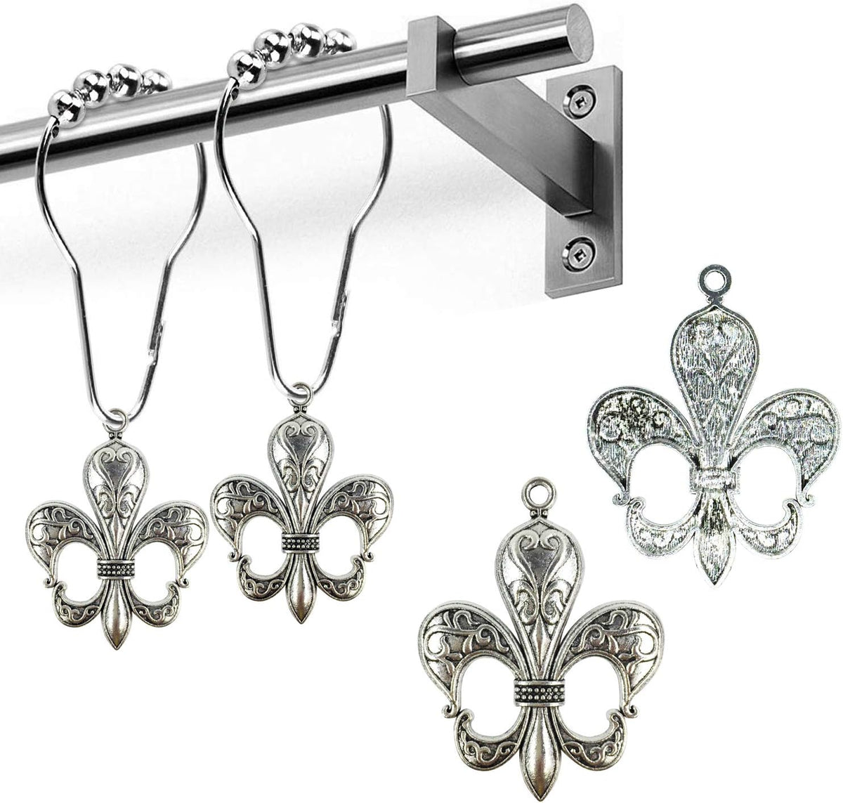 Set of 12 Fleur De Lis Shower Curtain Hooks French Lily Royal Heraldry French Cottage Chic Historical Theme Style Decorative Home Bathroom Stainless Steel Rustproof (Silver)