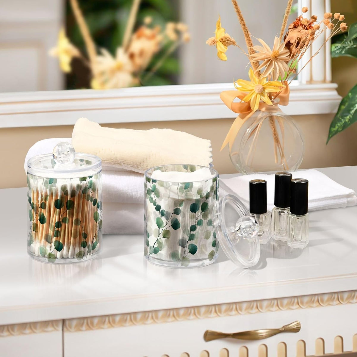 Gredecor Qtip Holder Dispenser 2 Pack Green Watercolor Floral Leaves Apothecary Jars with Lids Bathroom Vanity Countertop Canister Storage Organizer for Cotton Ball,Swabs,Pads,Floss