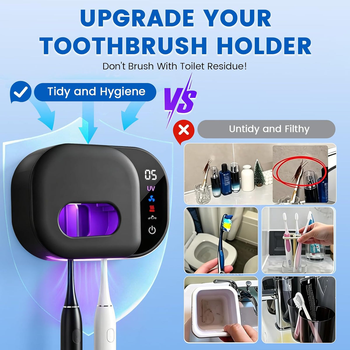 Toothbrush Holder for Bathroom, Infrared Sensing Toothbrush Cleaner with 2 Slots for Most Toothbrush Sizes, Wall Mounted Tooth Brush Holder with LED Smart Display & Hot Air Drying for Travel (Black)